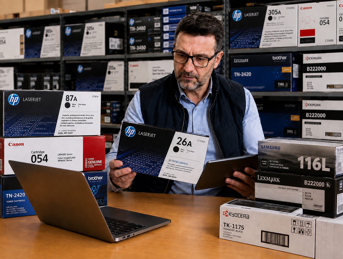 Professionnel identifiant un toner HP en entrepôt, tablette et ordinateur à portée de main